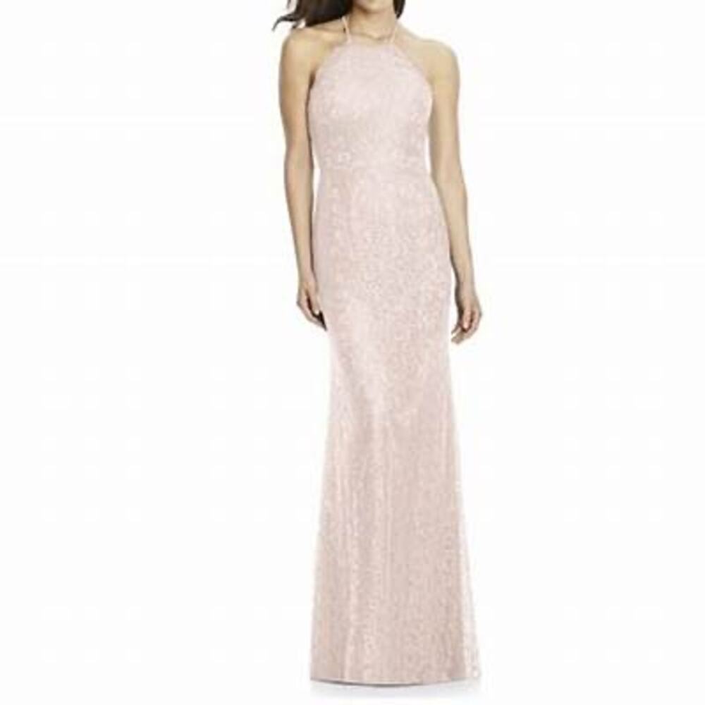 Dessy Collection 2995 Blush Pink Lace Halter Neck Trumpet Formal Gown Dress 14